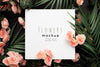 Nice Mockup Template With Palm Leaves With Pink Flowers Background Psd