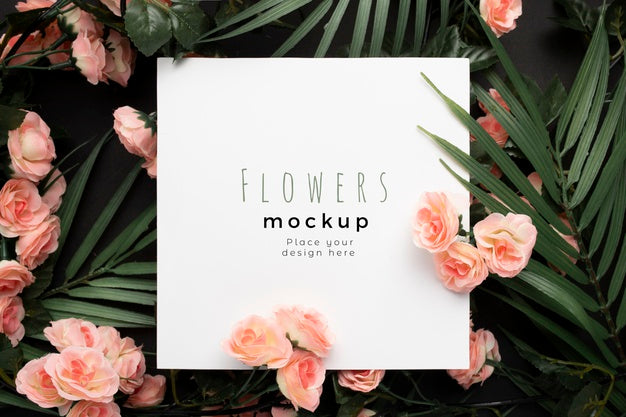 Nice Mockup Template With Palm Leaves With Pink Flowers Background Psd