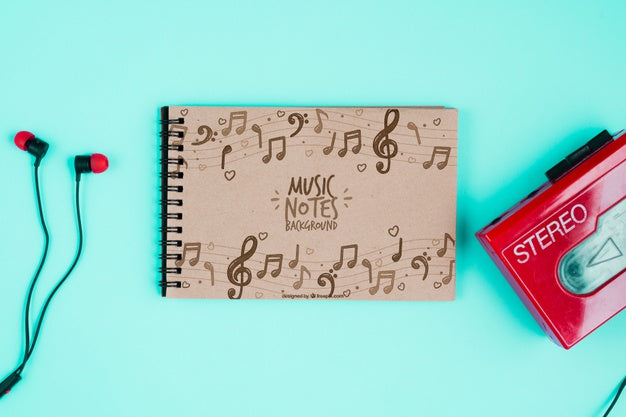 Notebook And Cassette With Headphones Psd