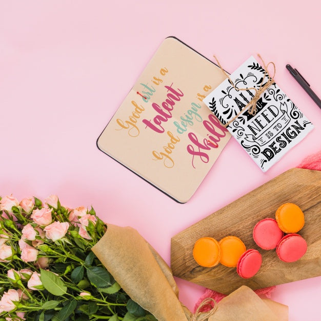 Notebook Mockup With Floral Decoration For Wedding Or Quote Psd