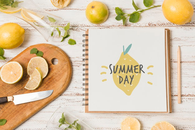 Notebook Mockup With Lemons For Summer Drink Psd