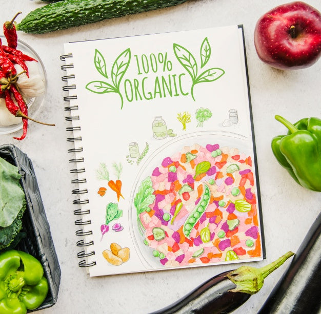 Notebook Mockup With Vegan Food Psd