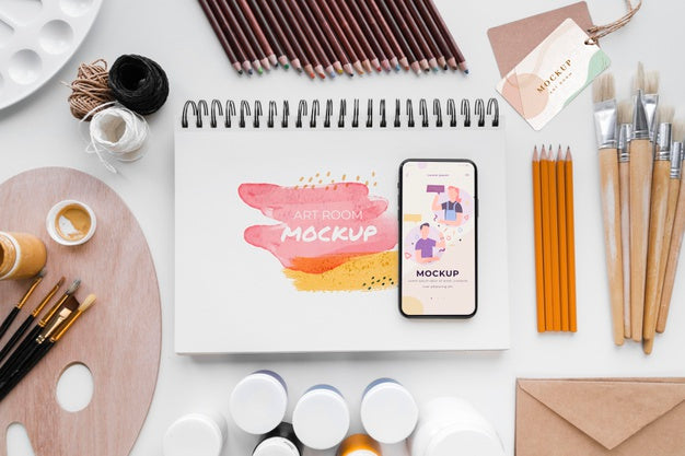 Notebook With Brush Top View Psd