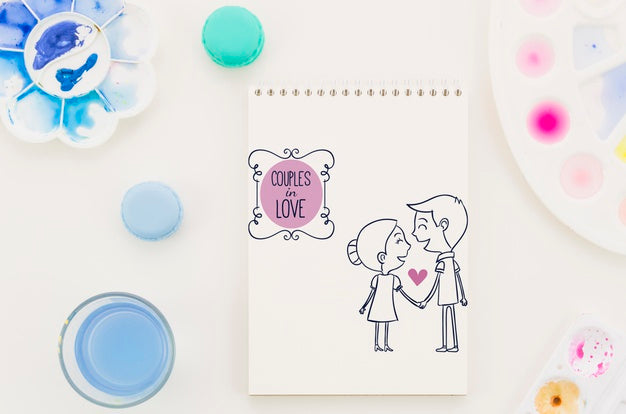 Notebook With Couple In Love Drawing Psd