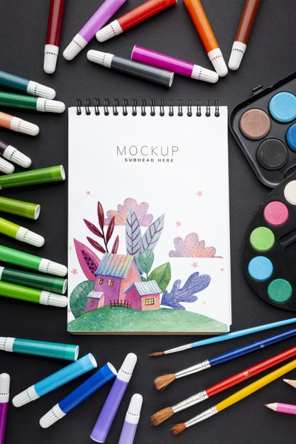 Notebook With Markers And Brushes Frame Psd - Mockup Hunt