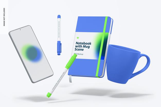 Notebook With Mug Mockup, Floating Psd