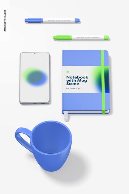 Notebook With Mug Mockup, Perspective Psd