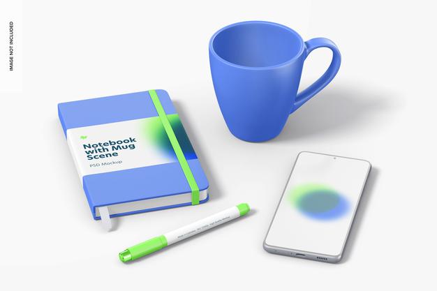 Notebook With Mug Mockup Psd