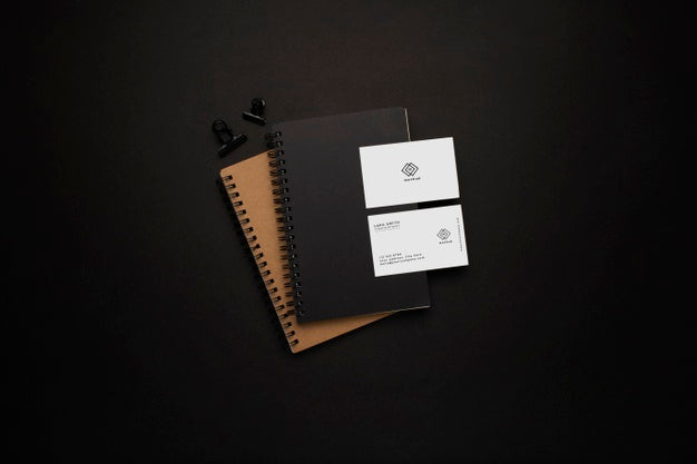 Notebooks And Visit Card Mockup With Black Element On Black Background Psd