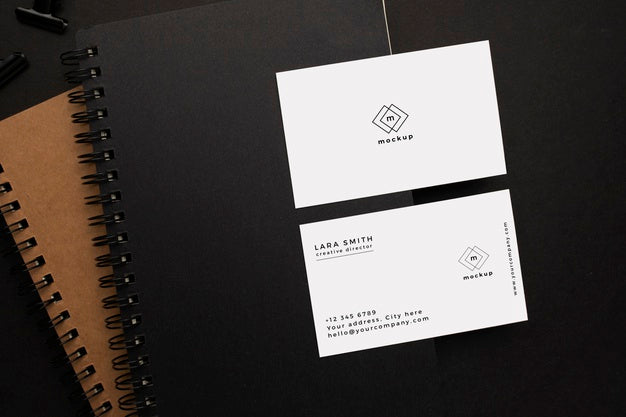 Notebooks And Visiting Card Mockup With Black Element On Black Background Psd