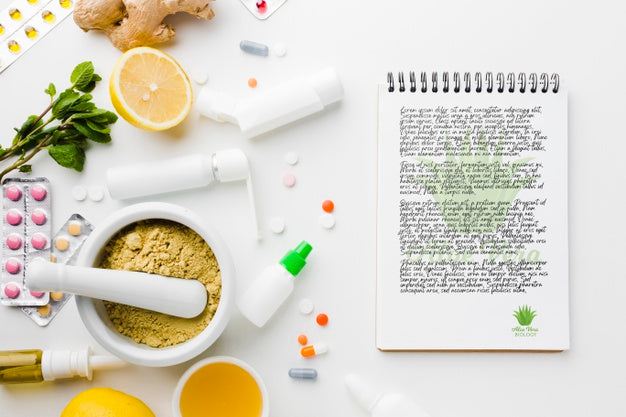 Notepad Next To Mortar And Pestle Psd