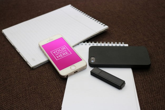 Notepad With Smartphone And Flash Drive Psd