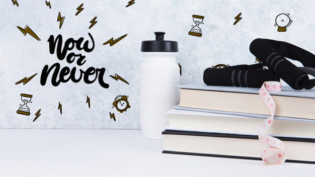 Now Or Never Fitness Quote And Pile Of Books Psd