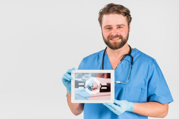 Nurse Holding Tablet Mockup For Labor Day Psd