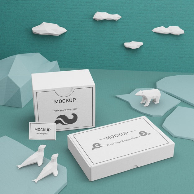 Ocean Day Cardboard Boxes And Sea Life With Mock-Up Psd