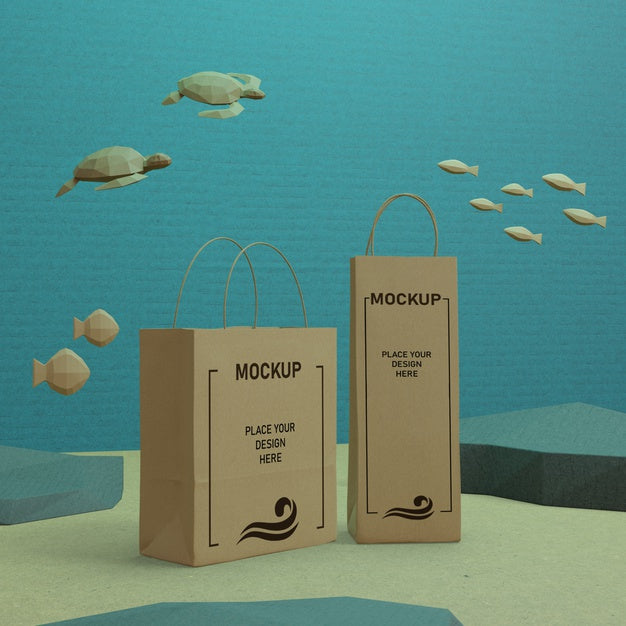 Ocean Day Sea Life And Paper Bags Underwater With Mock-Up Psd