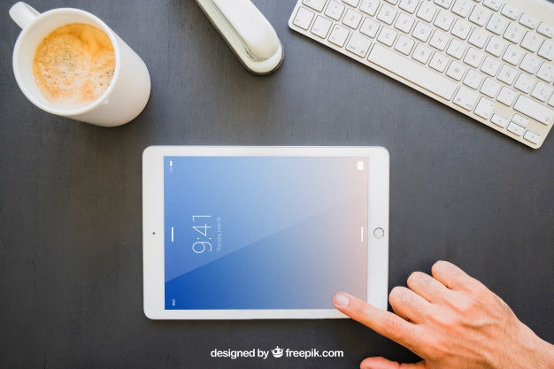 Office Desk And Finger Touching Horizontal Tablet Psd