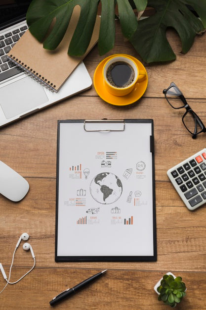 Office Desk With Clipboard Mock-Up And Coffee Psd