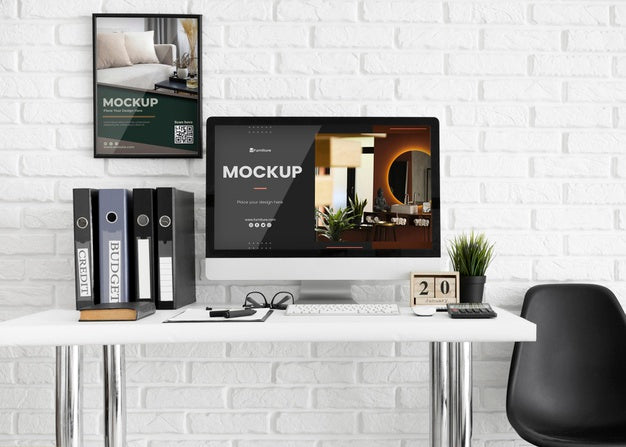 Office Desk With Computer Mock-Up Psd