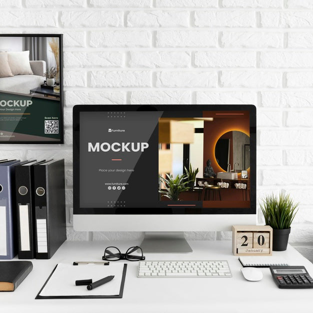 Office Desk With Computer Mock-Up Psd