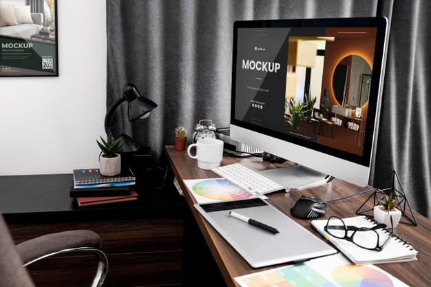 Office Desk With Computer Mock-Up Psd
