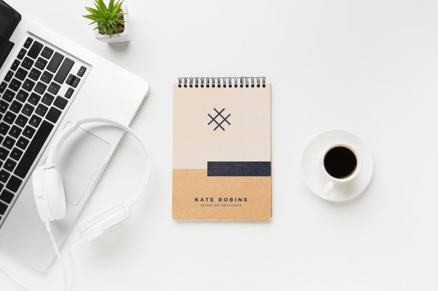 Office Desk With Laptop And Notebook Mock-Up Psd