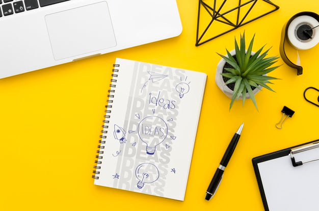 Office Desk With Laptop And Notebook Mock-Up Psd