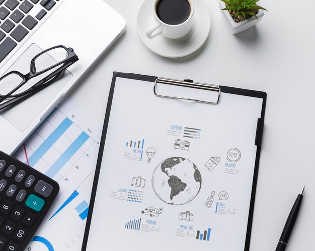 Office Desk With Laptop, Coffee And Clipboard Mock-Up Psd