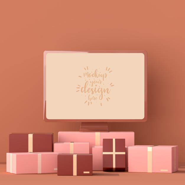 Online Delivery With Computer Mockup Template With Delivery Package Psd