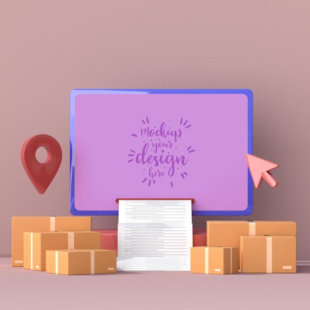 Online Delivery With Computer Mockup Template With Delivery Package Psd