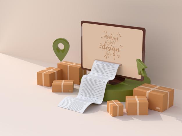 Online Delivery With Computer Mockup Template With Delivery Package Psd