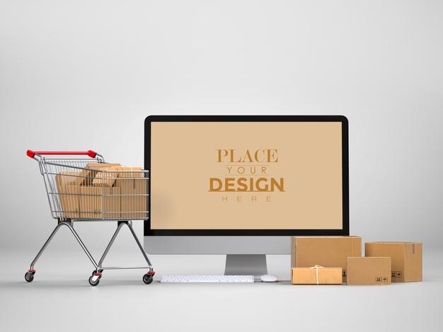 Online Delivery With Computer Mockup Template With Delivery Package Psd