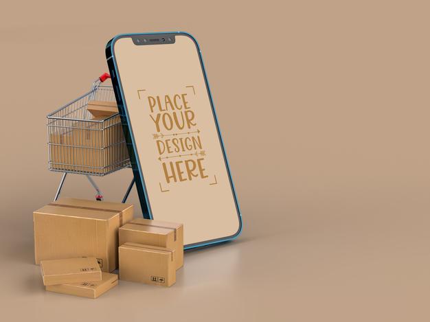 Online Delivery With Smartphone Mockup Template With Delivery Package Psd