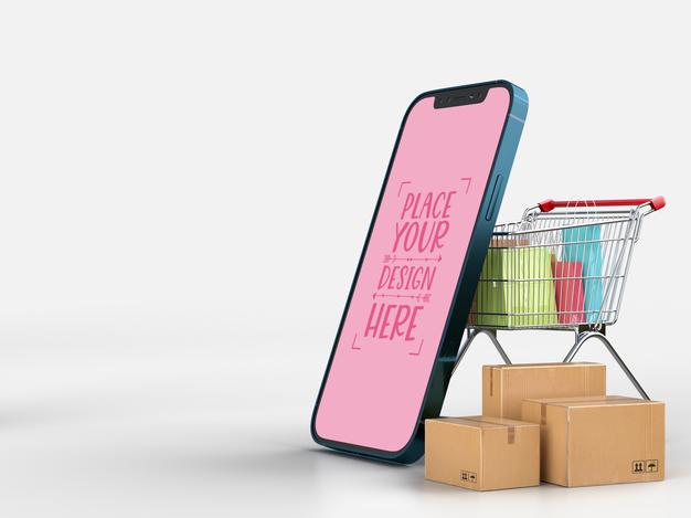 Online Delivery With Smartphone Mockup Template With Delivery Package Psd