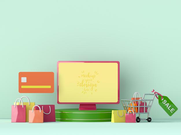 Online Shopping With Computer Mockup Template And Shopping Elements Psd
