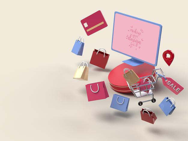 Online Shopping With Computer Mockup Template And Shopping Elements Psd