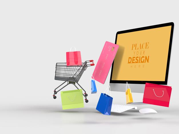 Online Shopping With Computer Mockup Template And Shopping Elements Psd