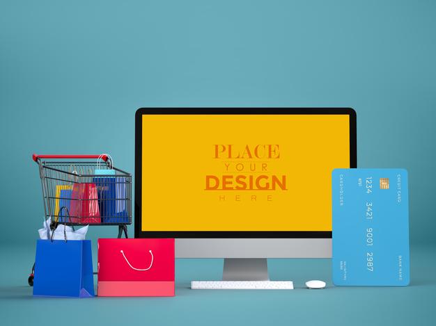 Online Shopping With Computer Mockup Template And Shopping Elements Psd