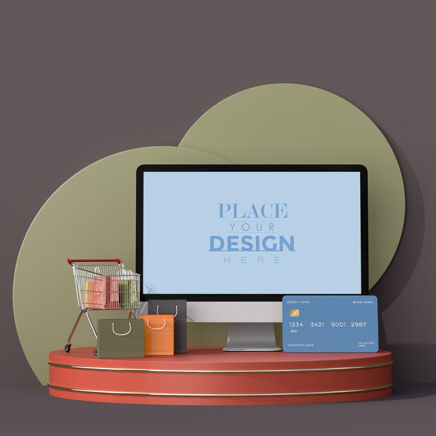 Online Shopping With Computer Mockup Template And Shopping Elements Psd