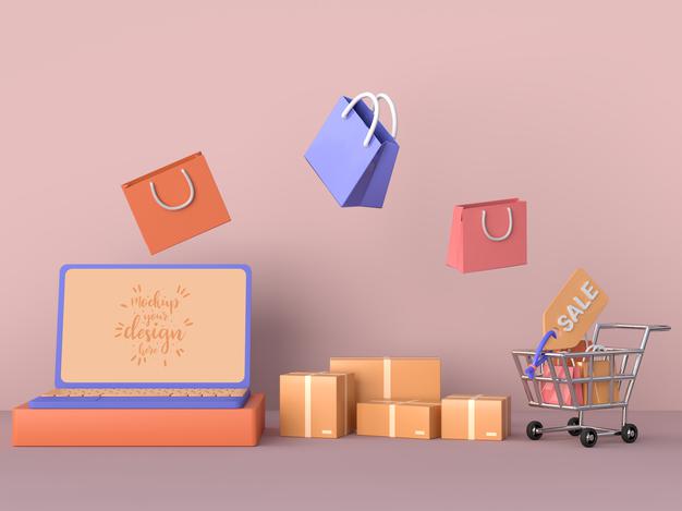 Online Shopping With Laptop Mockup Template And Shopping Elements Psd