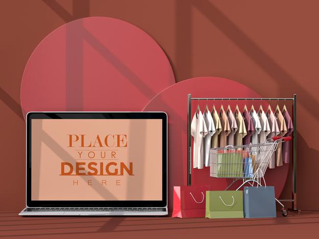 Online Shopping With Laptop Mockup Template And Shopping Elements Psd