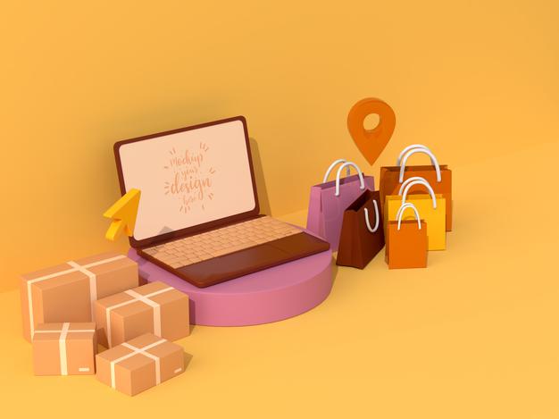 Online Shopping With Laptop Mockup Template And Shopping Elements Psd