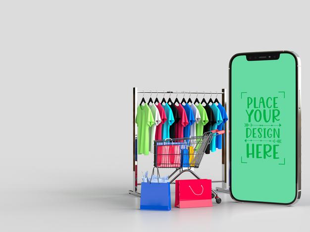 Online Shopping With Mobile And Shopping Elements Mockup Template Psd