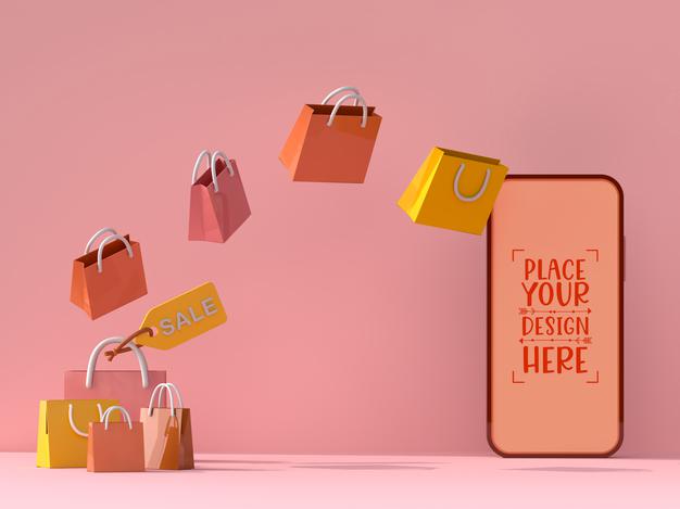 Online Shopping With Mobile And Shopping Elements Mockup Template Psd