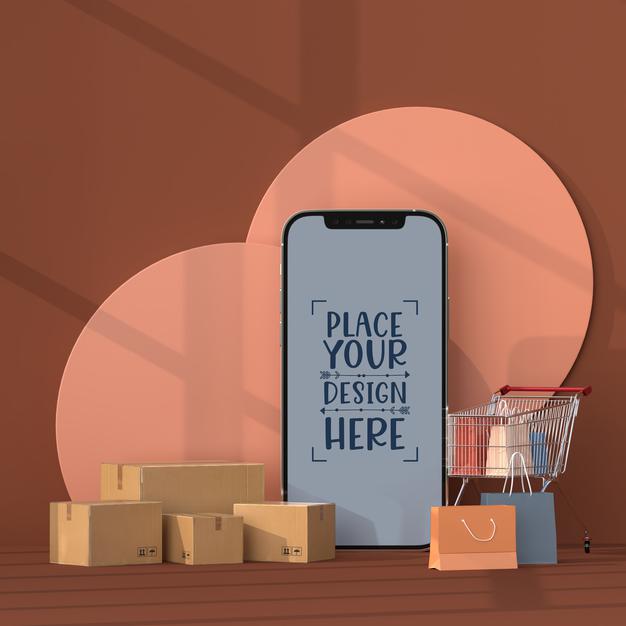 Online Shopping With Mobile And Shopping Elements Mockup Template Psd