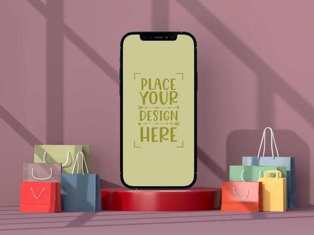 Online Shopping With Mobile And Shopping Elements Mockup Template Psd