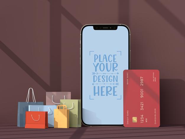 Online Shopping With Mobile And Shopping Elements Mockup Template Psd