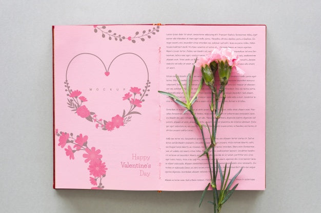 Open Book Mockup With Flower For Valentine Psd