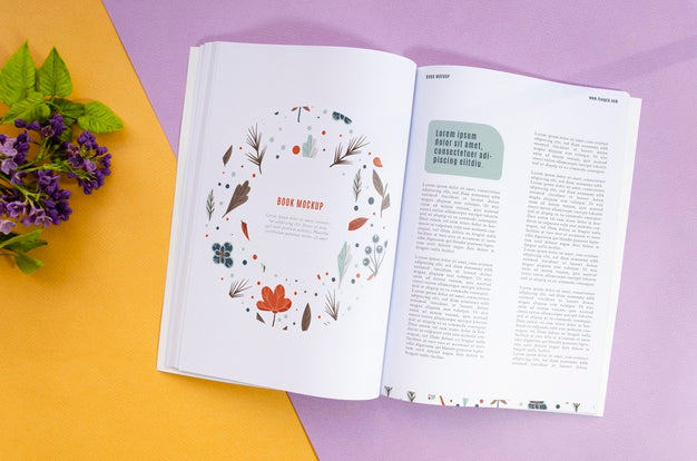 Open Magazine Next To Lavender Mock Up Psd