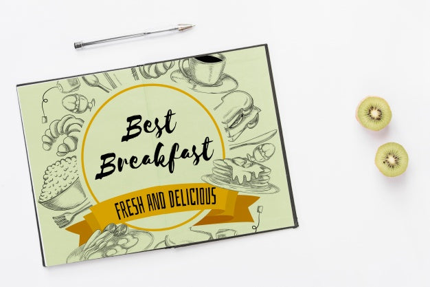 Open Notebook Mockup With Breakfast Concept Psd